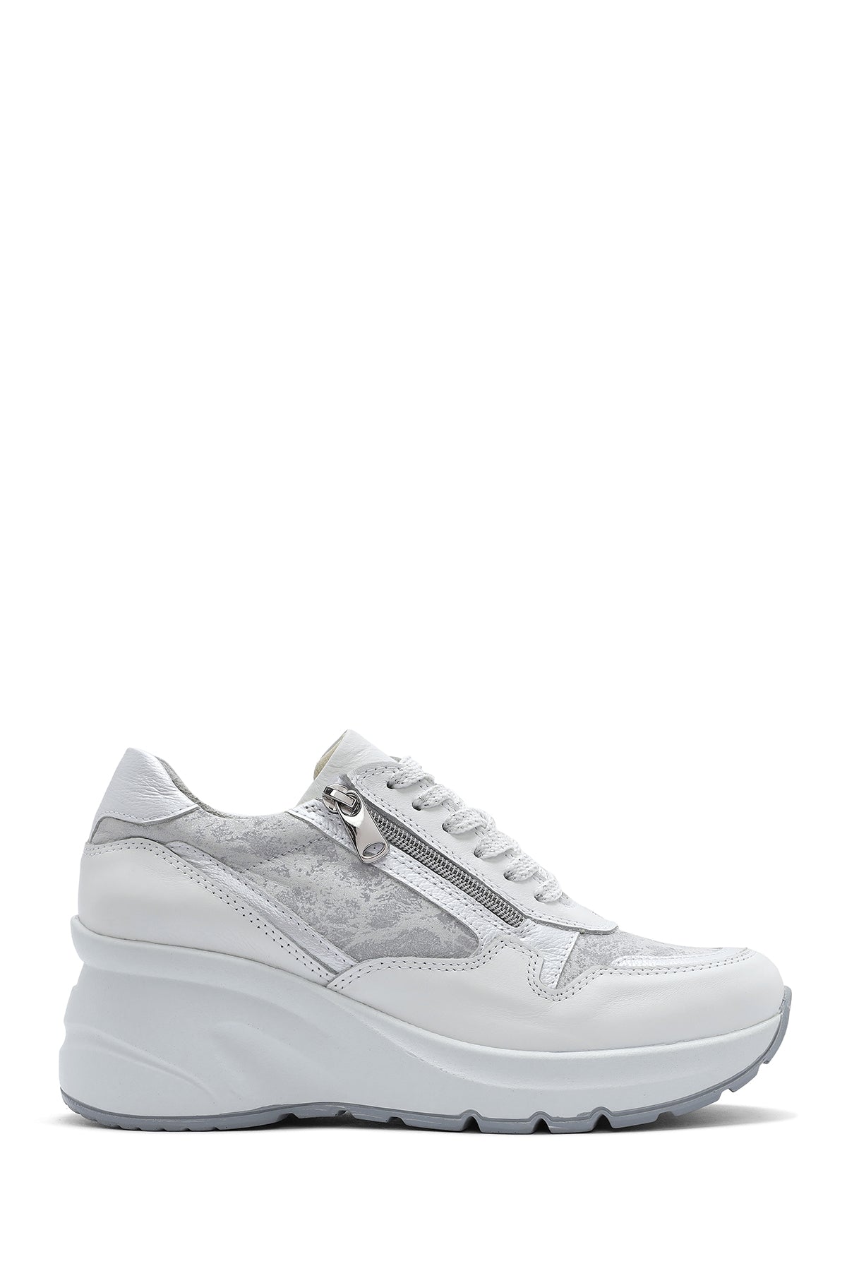 Women's White Wedge Heeled Lace-up Leather Sneaker 25SFD370814 | Derimod