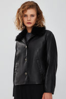 Nina Women's Black Fur Collar Oversize Leather Jacket | Derimod