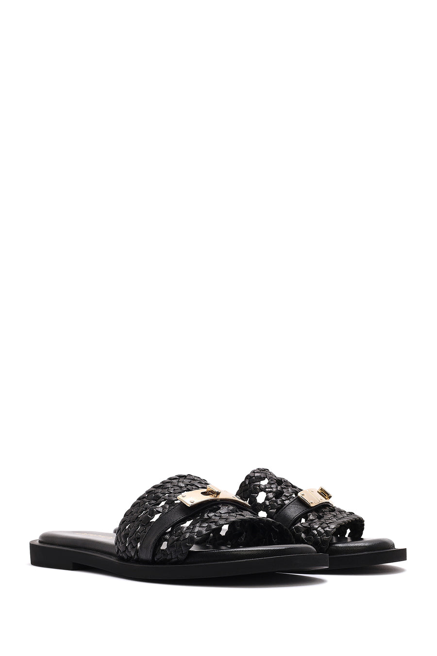 Women's Black Knit Leather Slippers