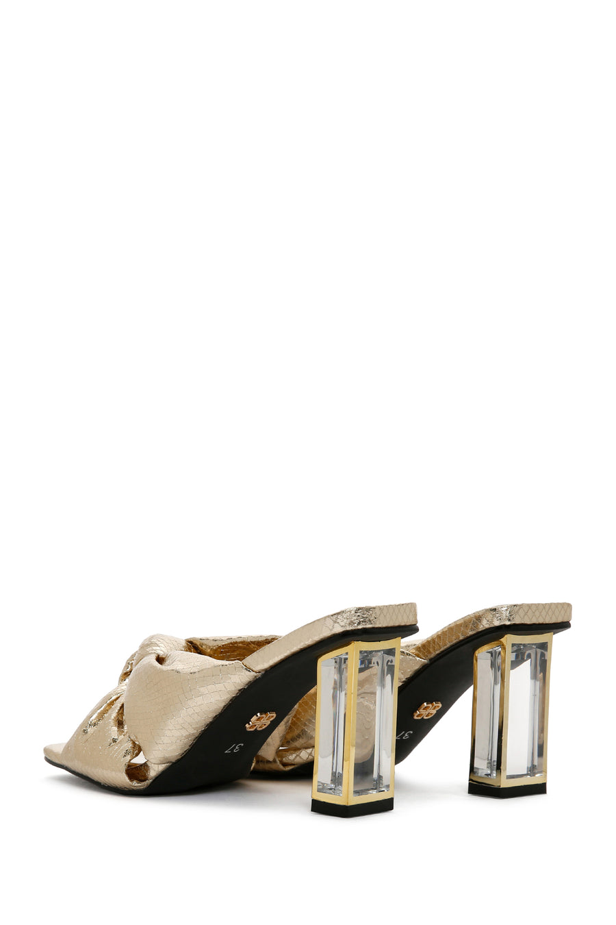 Women's Gold Transparent Thick Heeled Metallic Slippers