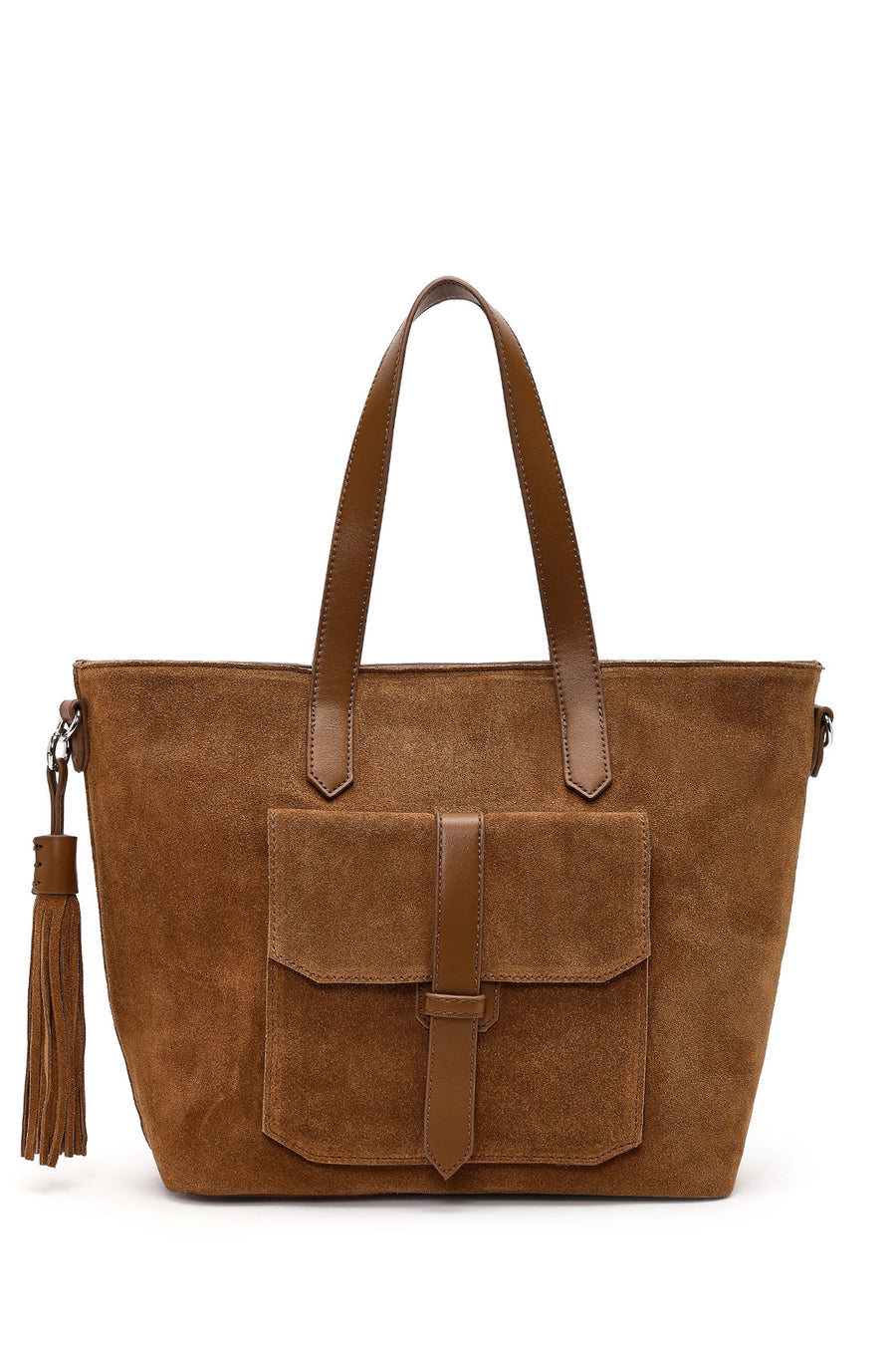 Woman Tan Long-Strap Suede Shoulder Bag