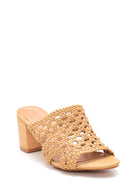 Women's Beige Knitted Heeled Slippers | Derimod