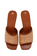 Women's Tan Thick Short Heeled Straw Slippers | Derimod