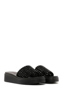 Women's Black Stone Wedge Heeled Slippers | Derimod