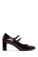 Women's Burgundy Double Buckled Thick Heeled Patent Leather Mary Jane Shoes | Derimod