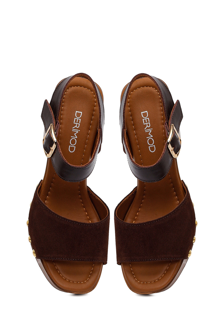 Woman Brown Ankle Buckle Platform High Chunky Heeled Suede Sandal