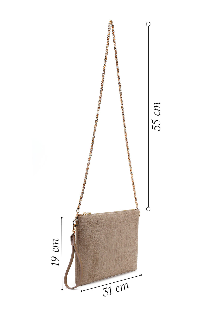 Woman Beige Chain Strap Printed Suede Clutch Bag