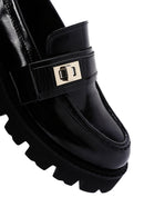 Women's Black Leather Thick Soled Patent Leather Casual Loafer | Derimod