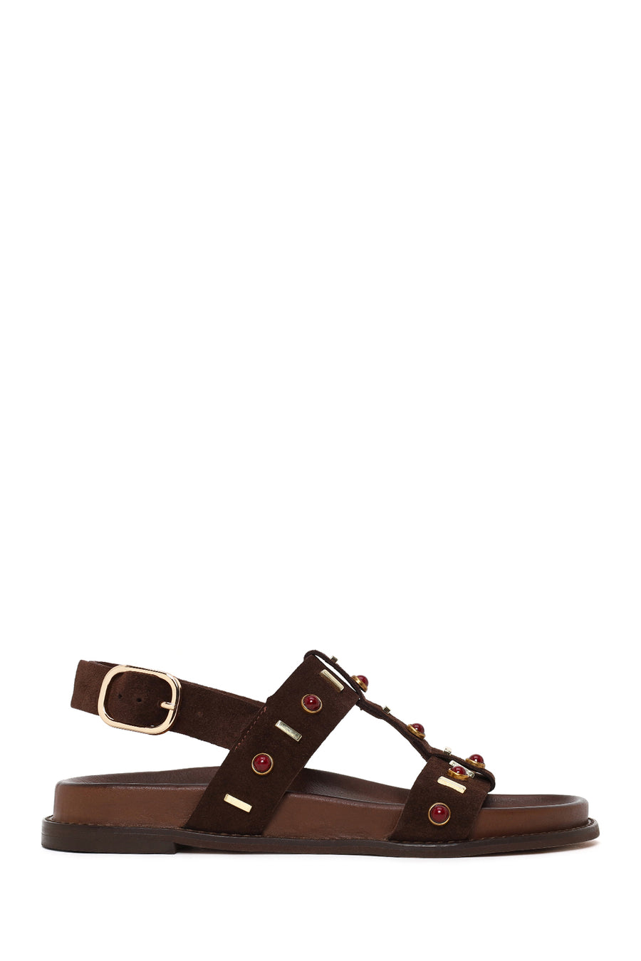 Woman Brown Stone-Embellished Suede Leather Sandals 26SFD550110 | Derimod