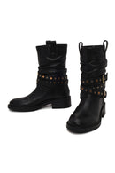 Woman Black Leather Biker Boots | Derimod