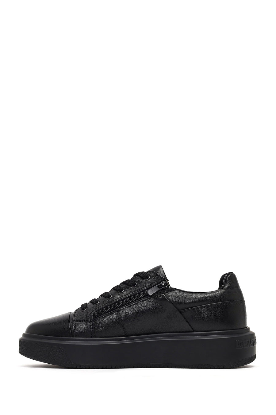 Erkek Siyah Bağcıklı Kalın Tabanlı Deri Sneaker