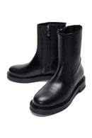 Women's Black Leather Zippered Flat Classic Boots | Derimod