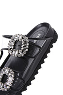 Women's Black Leather Stone Transparent Slippers | Derimod