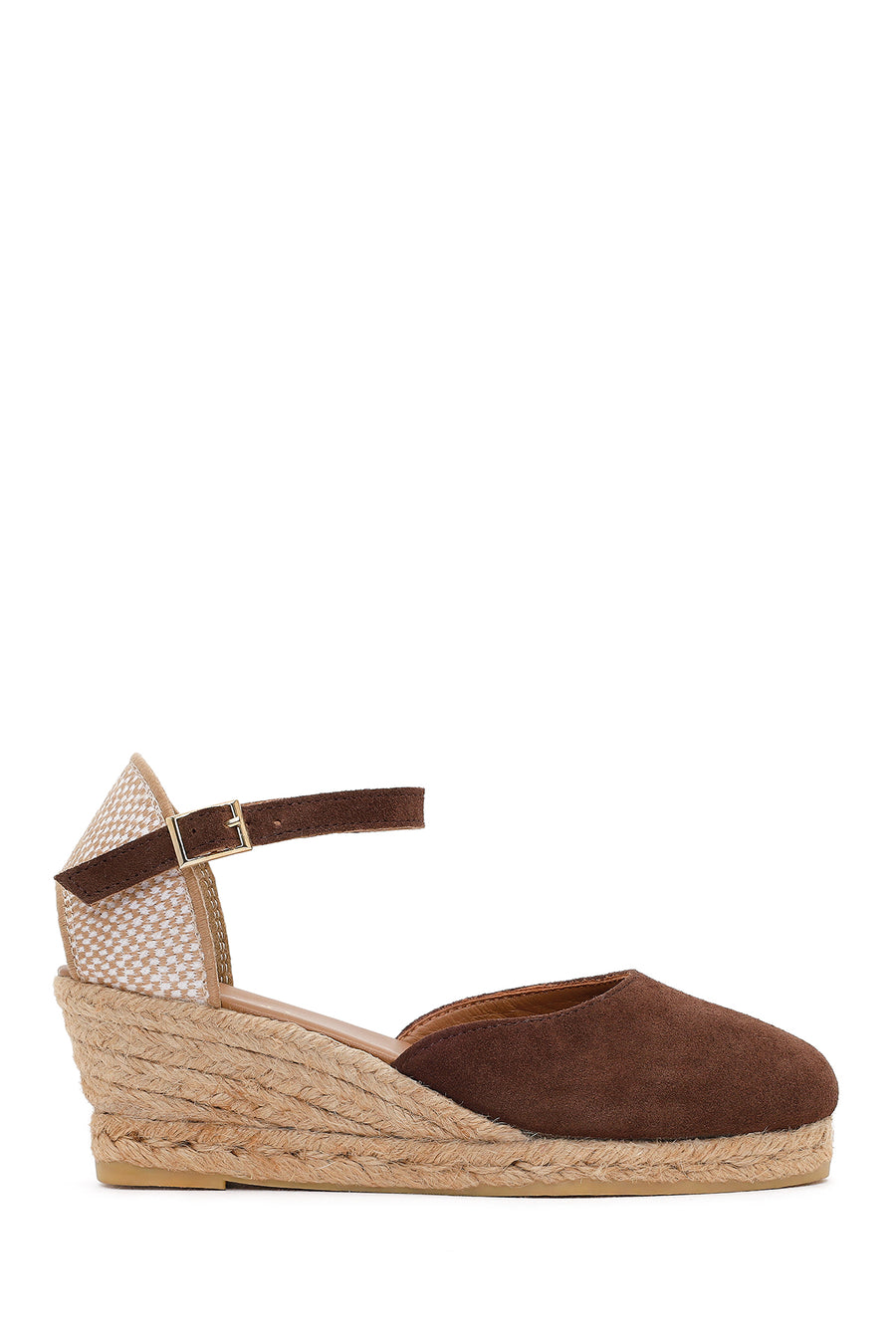 Women's Brown Ankle Strap Wedge Heel Suede Leather Espadrille Sandals 26SFD205810 | Derimod