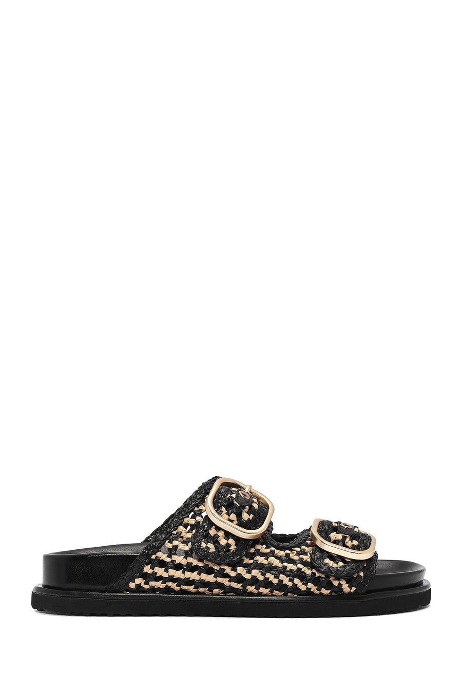 Women's Black Double Buckle Straw Leather Slippers 25SFD5506M7 | Derimod