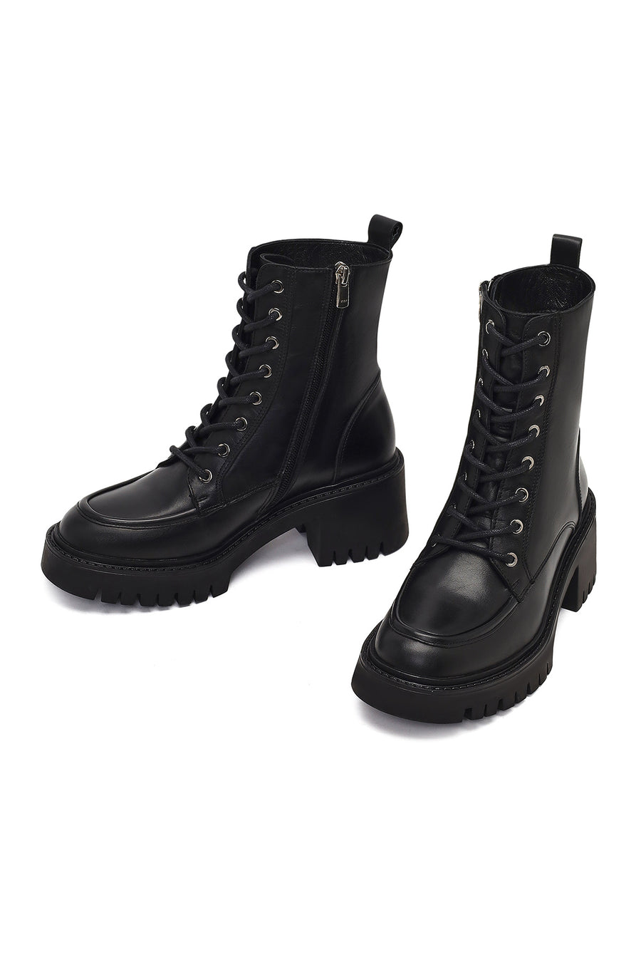 Women's Black Zippered Thick Heeled Leather Ankle Boots