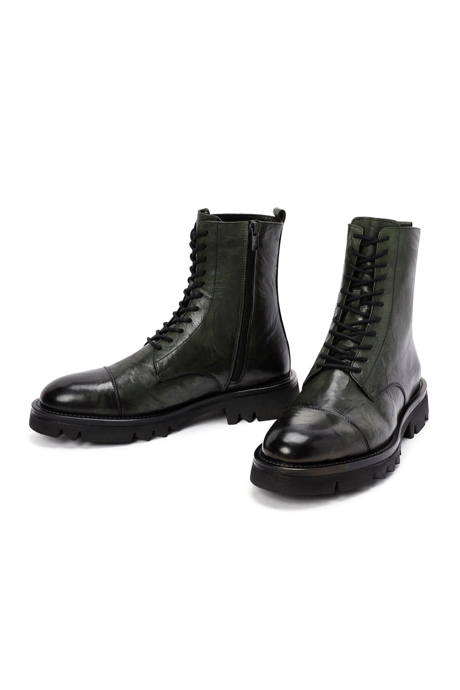Men's Green Zippered Leather Casual Combat Boots