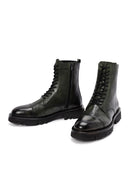 Men's Green Zippered Leather Casual Combat Boots | Derimod