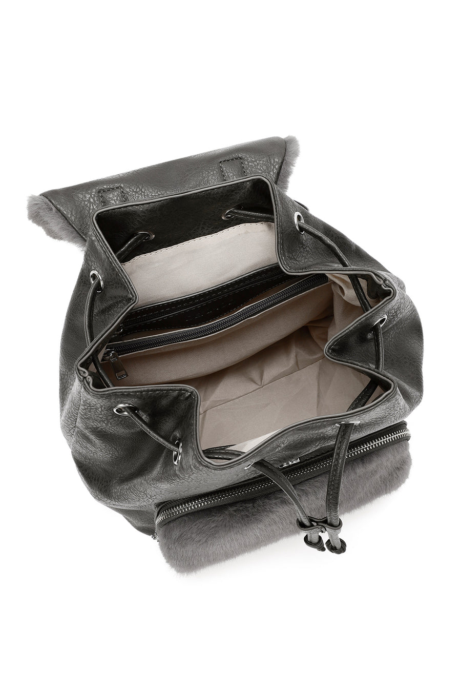 Women's Gray Plush Detailed Backpack