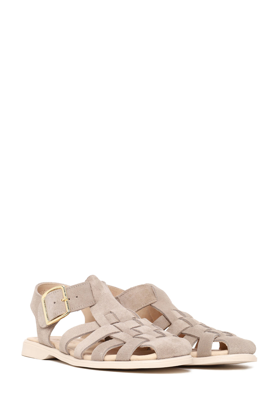 Woman Beige Ankle-Buckle Suede Leather Sandals