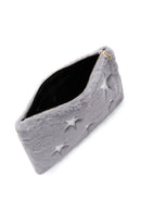 Women's Gray Long Chain Strap Star Pattern Plush Clutch Bag | Derimod