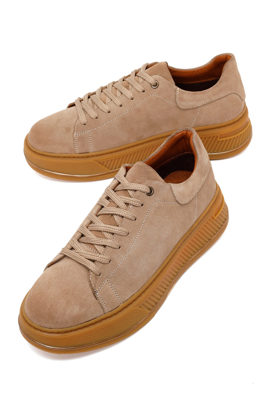 Erkek Bej Bağcıklı Kalın Tabanlı Süet Deri Sneaker