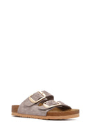 Women's Beige Buckle Suede Leather Slippers | Derimod