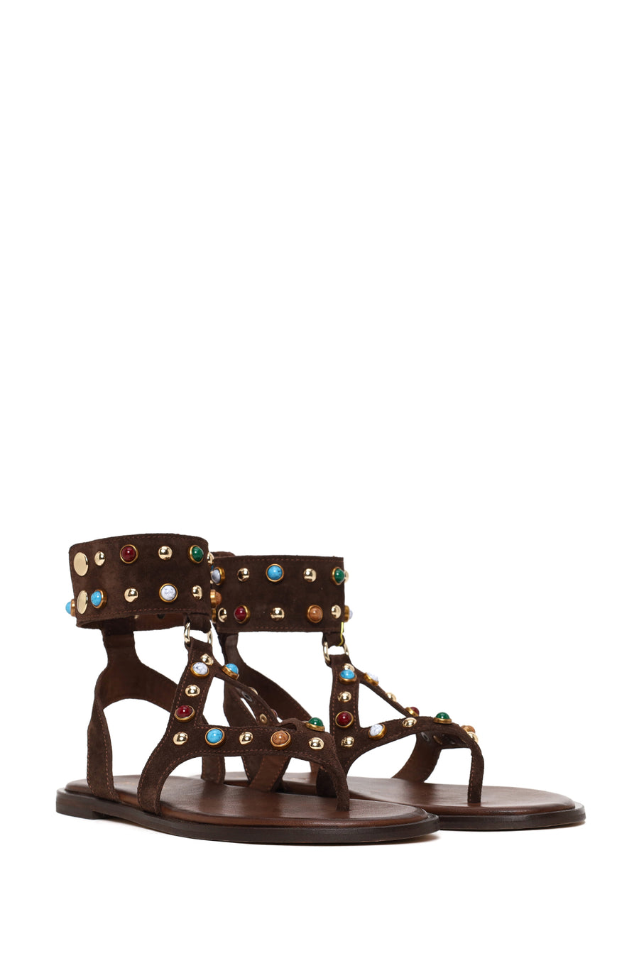 Woman Brown Embellished Toe-Post Suede Leather Sandals