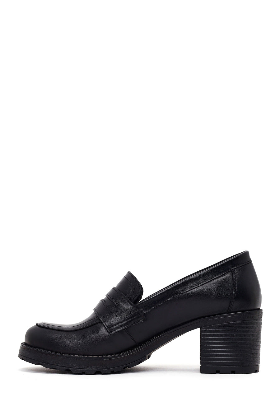 Woman Black Thick-Heeled Leather Loafer