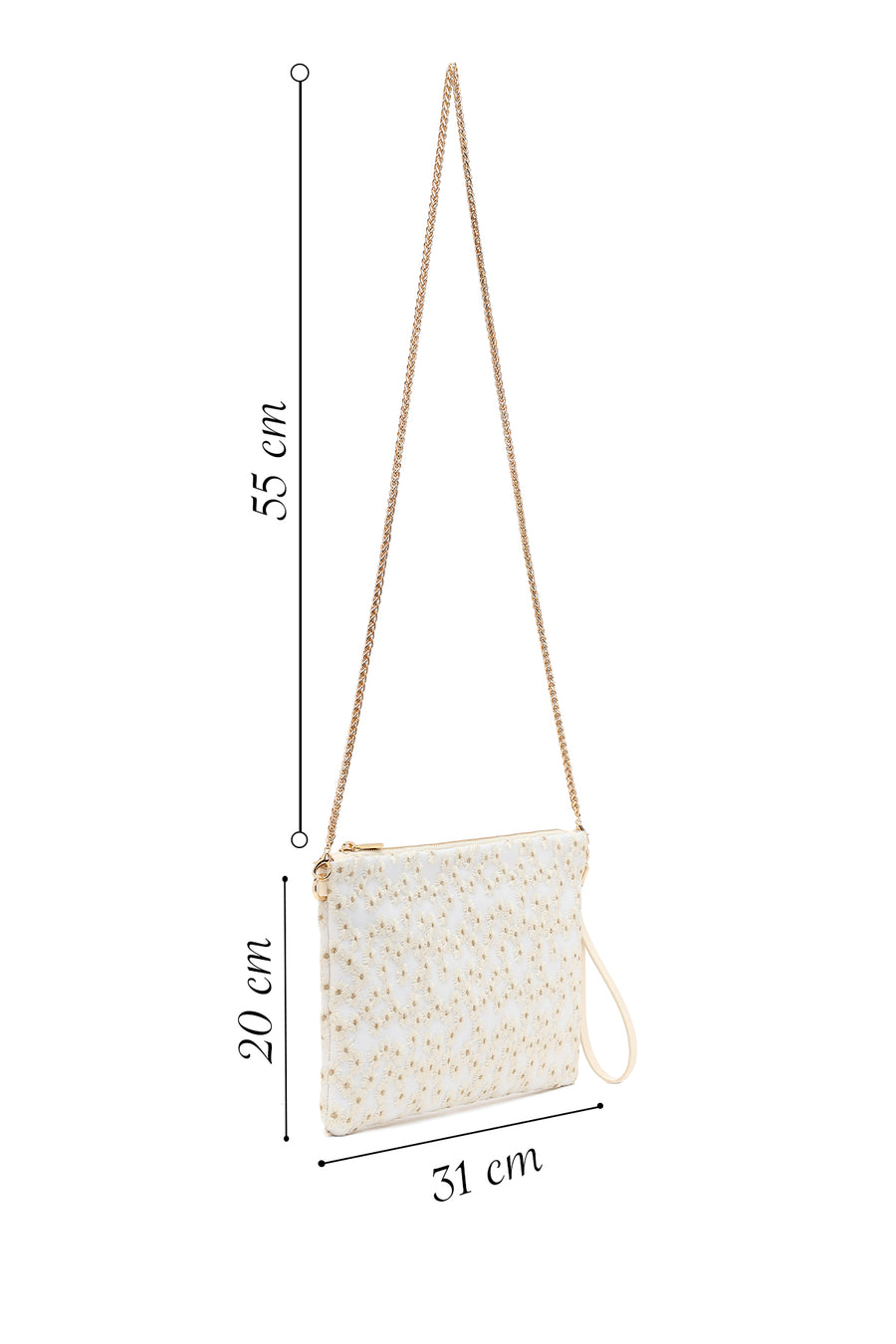 Woman Beige Long Chain Strap Patterned Clutch Bag