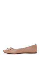 Women's Beige Leather Stone Ballerinas | Derimod