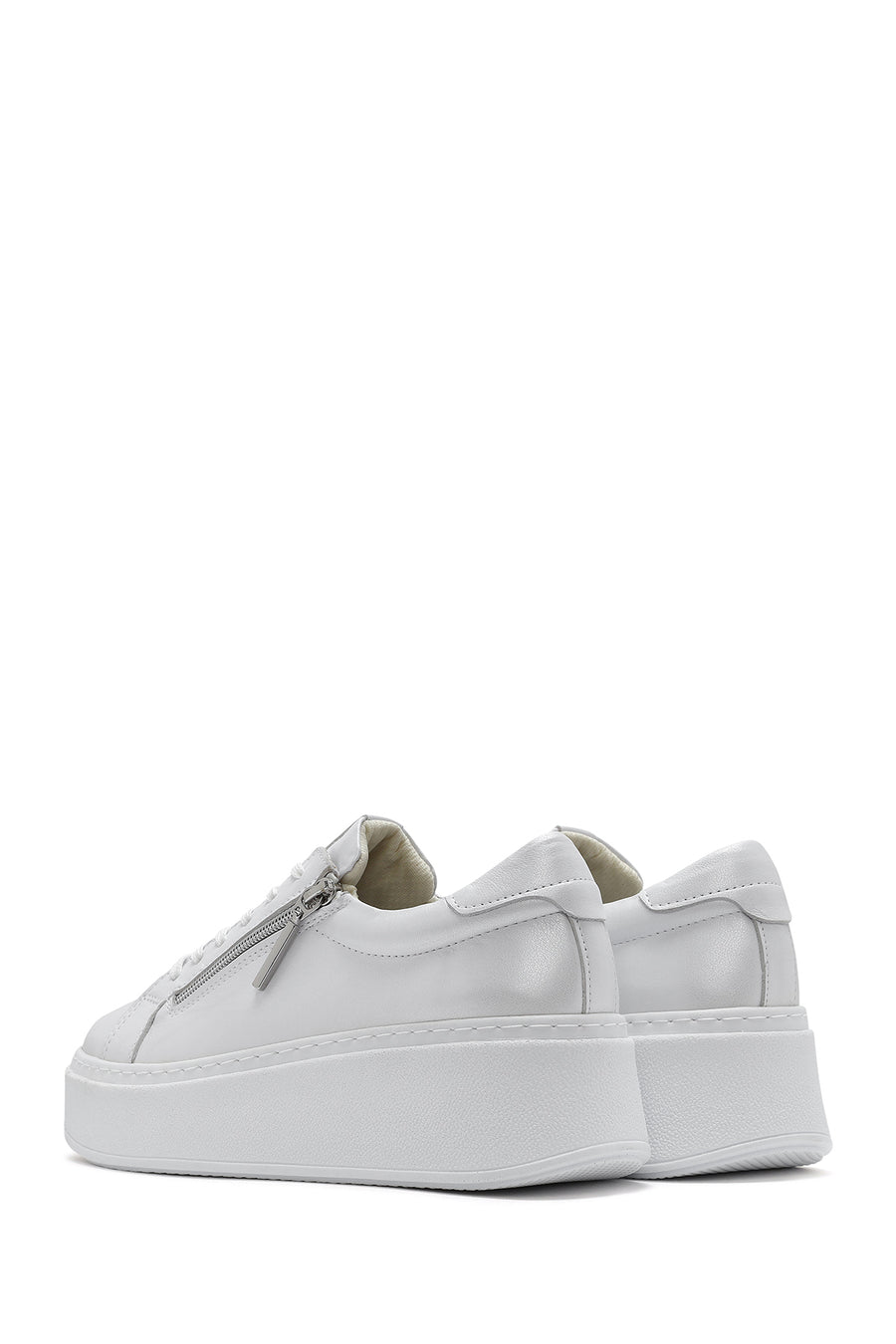 Kadın Beyaz Kalın Tabanlı Yandan Fermuarlı Bağcıklı Deri Sneaker