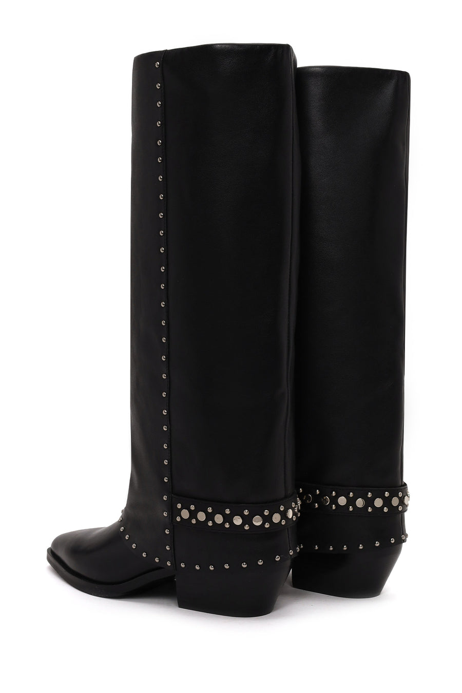 Woman Black Studded Chunky-Heeled Leather Cowboy Boots