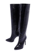 Women's Navy Blue Leather Thin Heeled Boots | Derimod