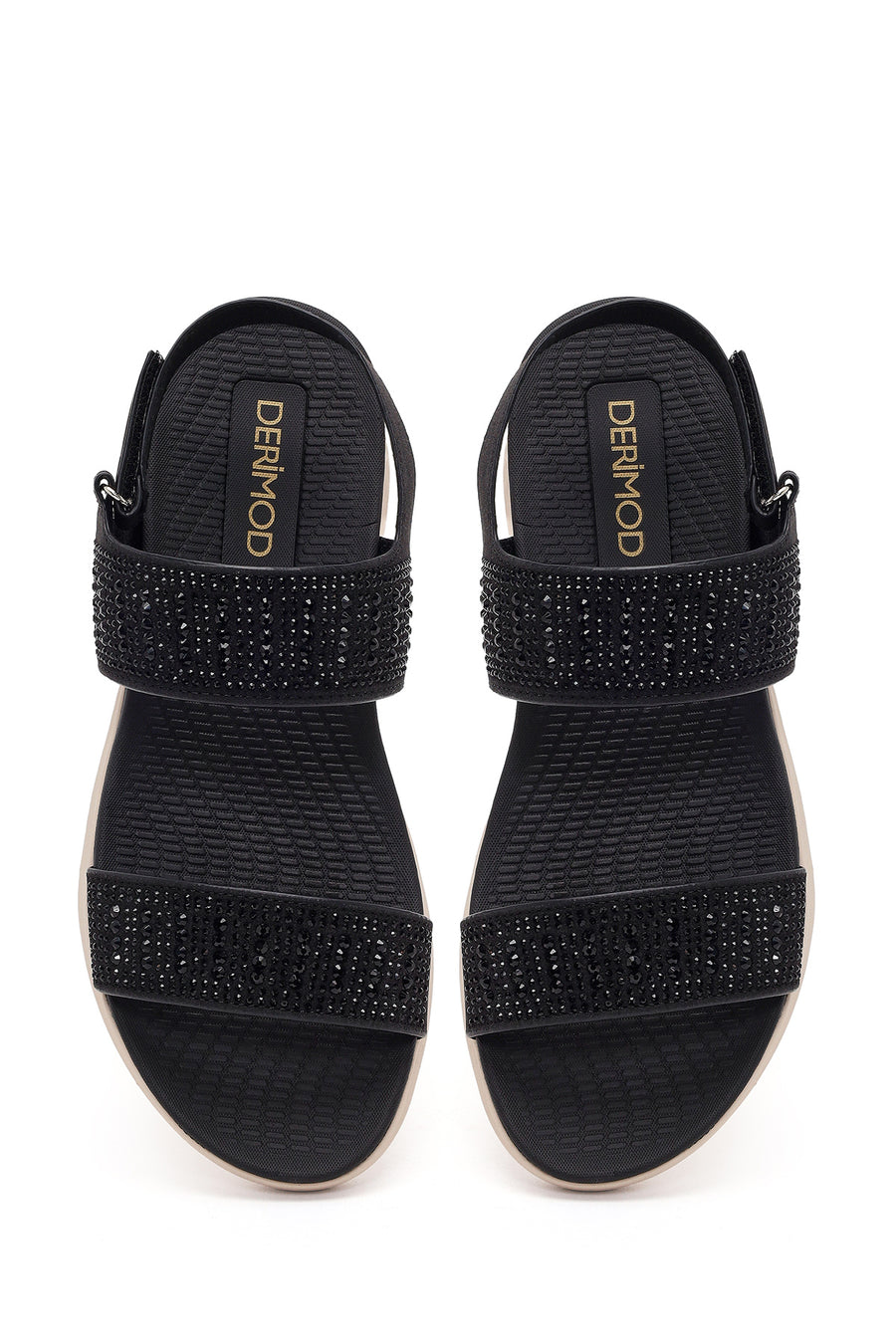 Women's Black Chunky Sole Embellished Fabric Comfort Sandals