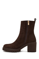 Woman Brown Zip Closure Chunky-Heeled Suede Leather Boots | Derimod