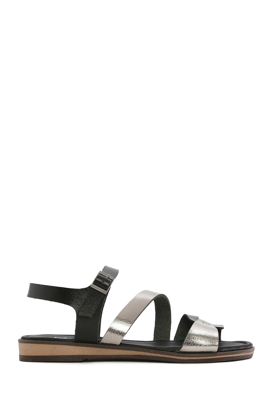 Women's Black Buckled Metallic Leather Bodrum Sandals 25SFD333618 | Derimod