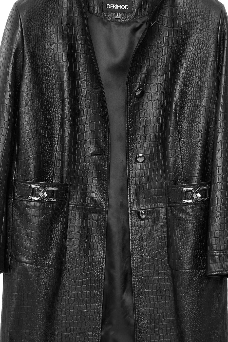 Colette Women's Black Crocodile Patterned Leather Coat