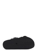 Women's Black Double Buckle Knitted Leather Slippers | Derimod