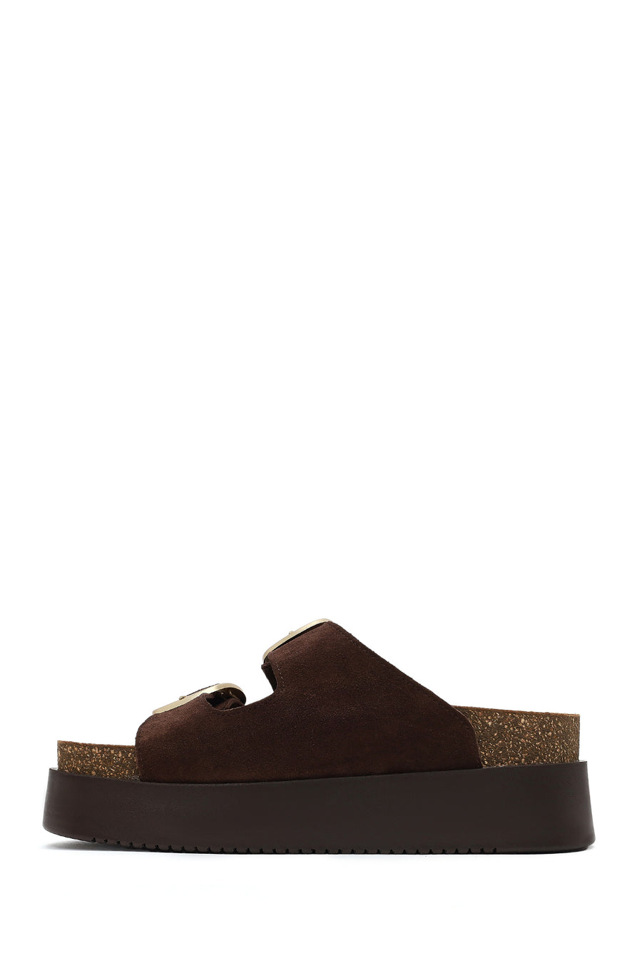 Women's Brown Double Buckle Thick Sole Suede Leather Slippers