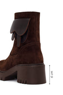 Woman Brown Zip Closure Chunky-Heeled Suede Leather Boots | Derimod
