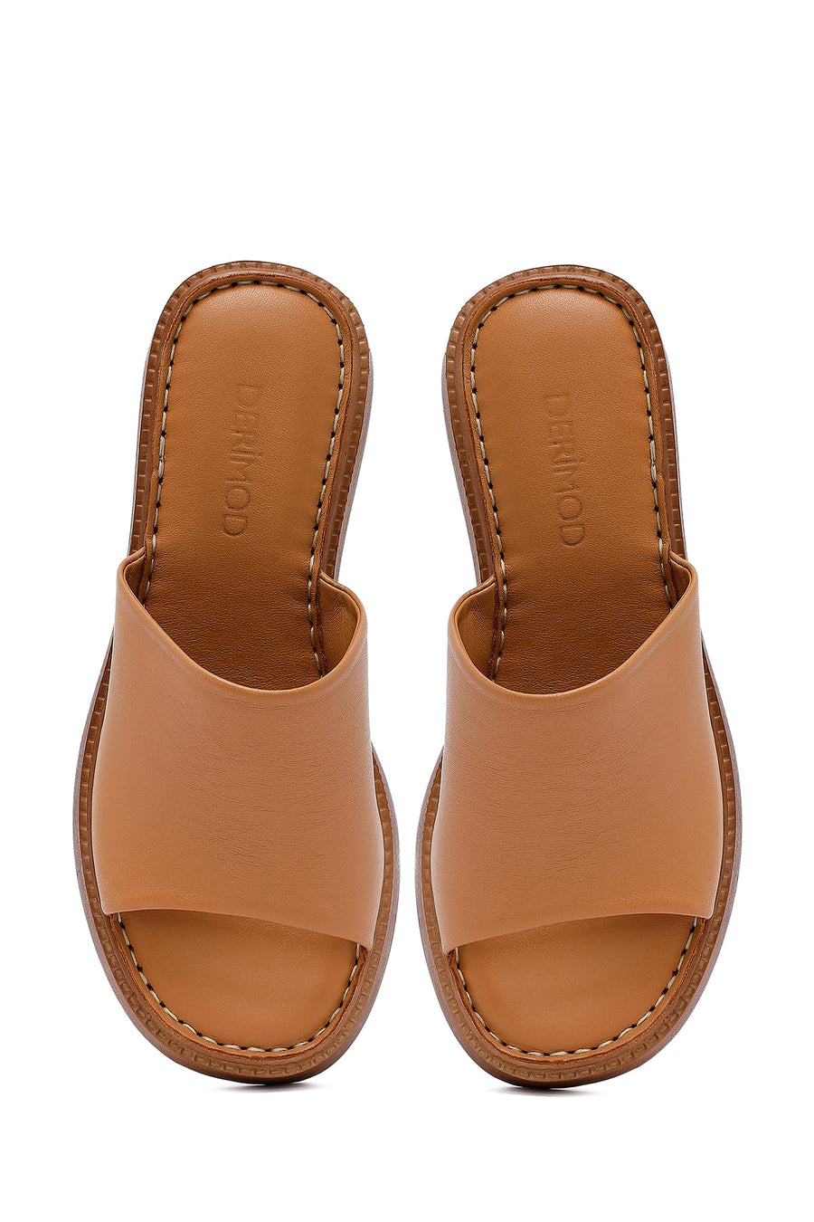 Woman Tan Thick Sole Leather Comfort Slippers