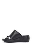 Women's Black Wedge Heeled Leather Comfort Slippers | Derimod