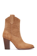 Women's Tan Suede Leather Cowboy Heeled Boots | Derimod