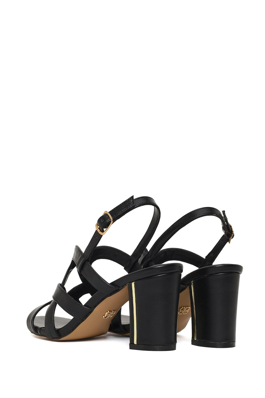 Woman Black Ankle Buckle Chunky Heeled Sandals