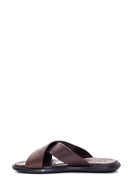 Men's Brown Leather Slippers with Knit Detail | Derimod