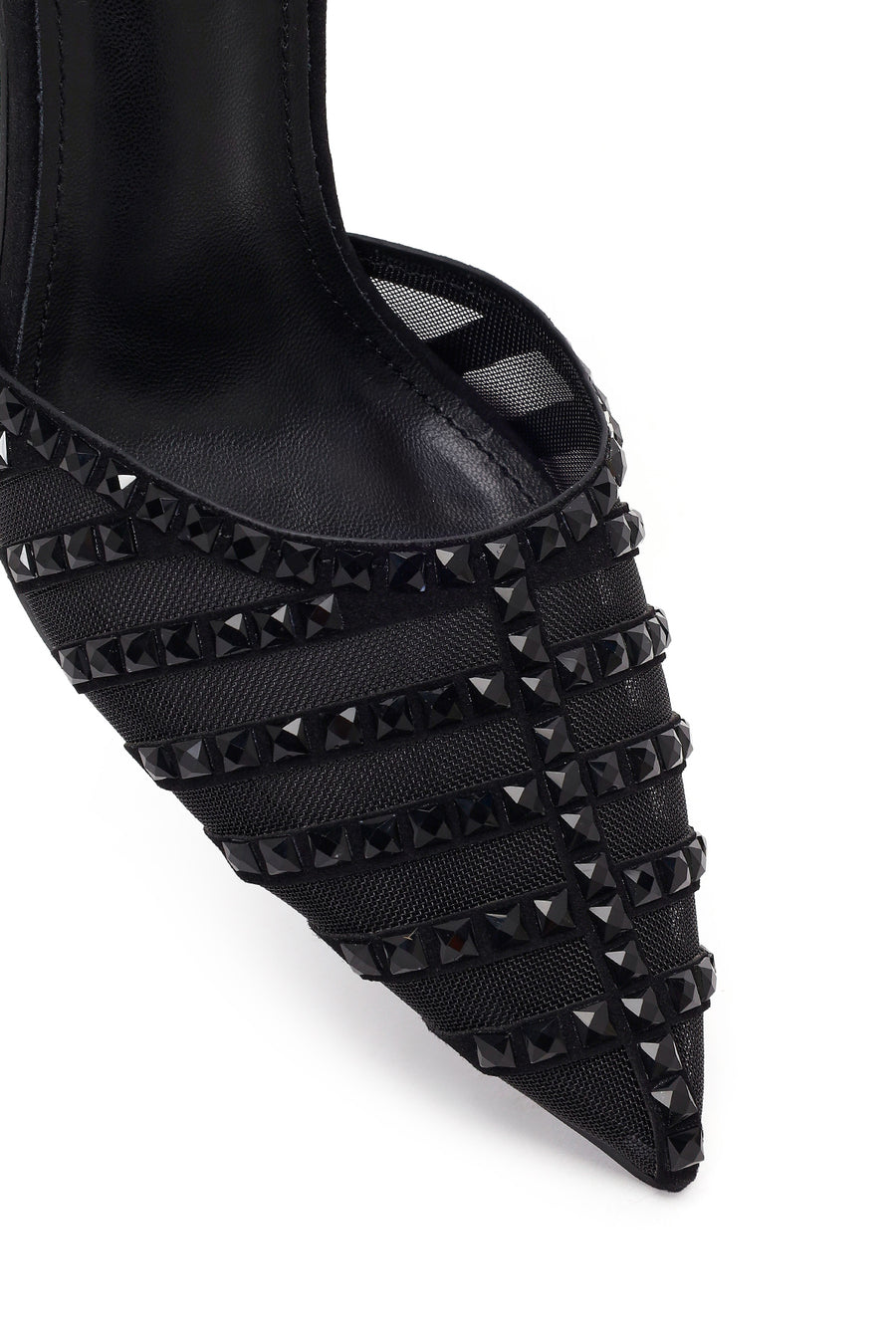 Women's Black Ankle Buckle Open Back High Thin Heel Shoes with Rhinestones