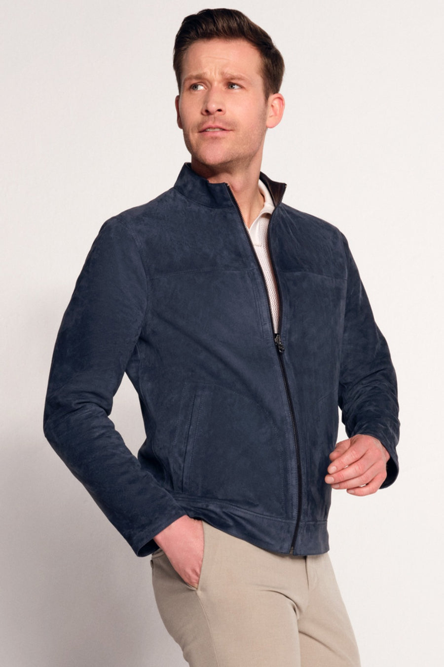 Clint Male Navy Mandarin Collar Reversible Suede Leather Jacket 26SGD648110 | Derimod