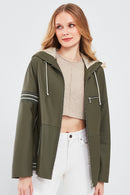 Halley Women's Khaki Hooded Oversize Leather Coat | Derimod