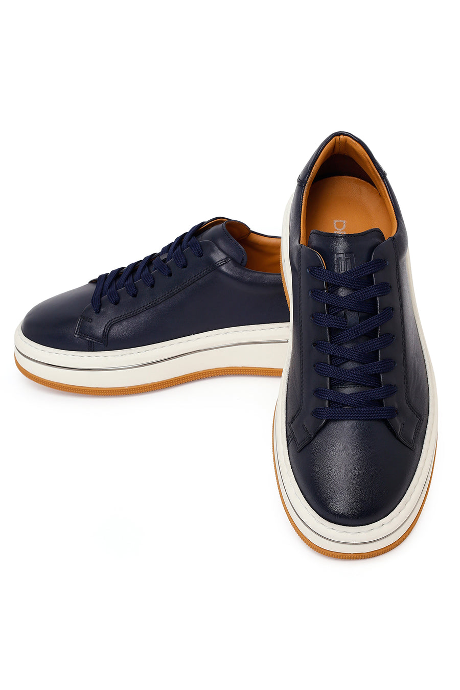 Men's Navy Blue Lace-up Thick-Sole Leather Sneaker